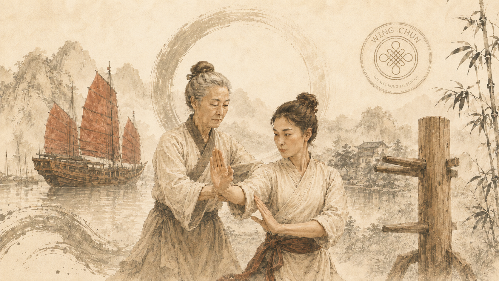 Ng Mui und Yim Wing Chun als symbolische Darstellung der Weitergabe der Wing-Chun-Tradition.