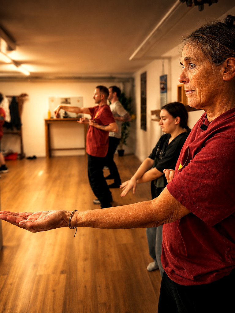 Mehrere Personen üben gemeinsam eine Wing-Chun-Form in einem Trainingsraum.