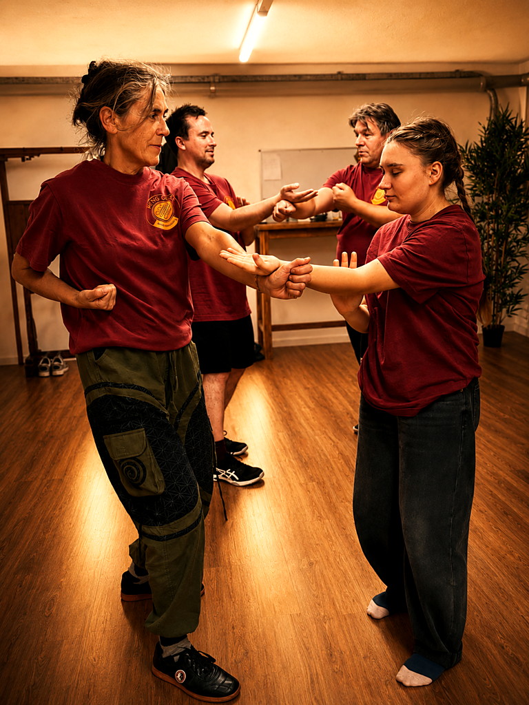 Zwei Frauen üben Wing Chun im Partnertraining, während weitere Teilnehmende im Hintergrund trainieren.