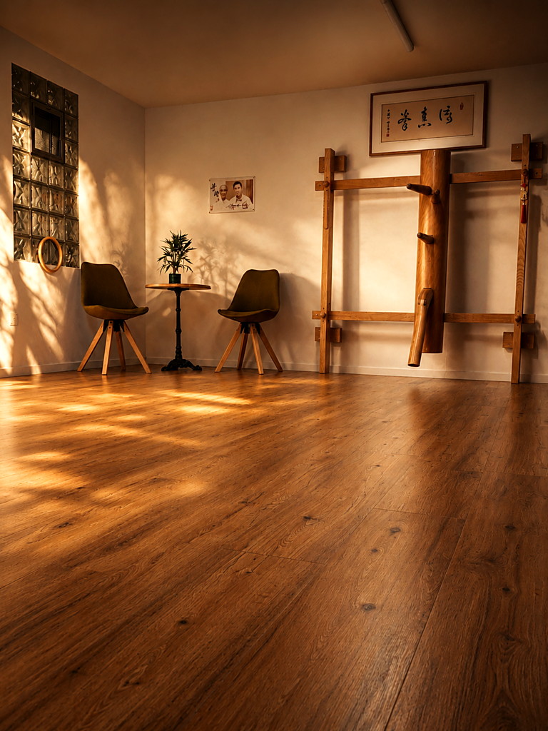 Heller Wing-Chun-Trainingsraum mit Holzpuppe, zwei Stühlen und warmem Sonnenlicht.