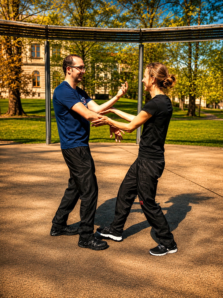 Zwei Personen üben Wing Chun im Freien auf einer Wiese vor einer Berglandschaft.