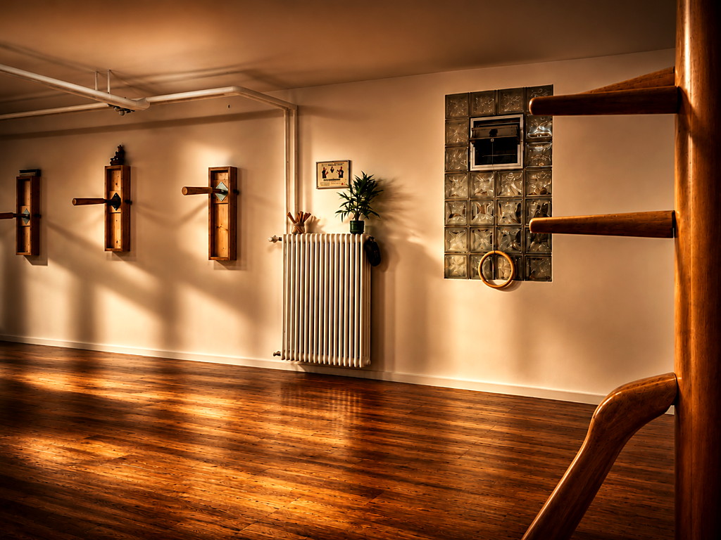 Wing-Chun-Trainingsraum mit Holzarmen einer Holzpuppe im Vordergrund und Wandgeräten im Hintergrund.